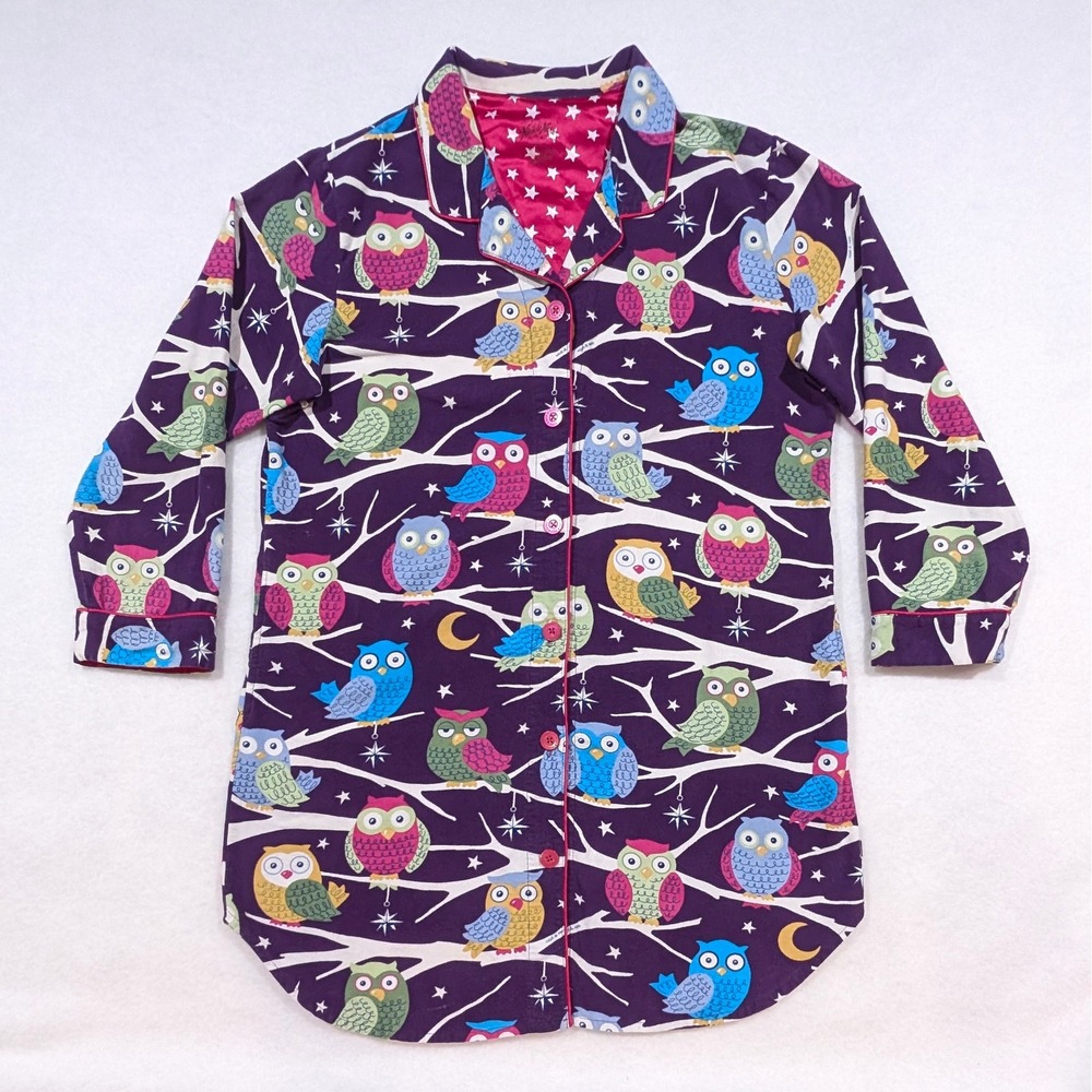 Nick & Nora Sleep Shirt Cotton Purple Owl Flannel Long Sleeve Button Up Pocket L
